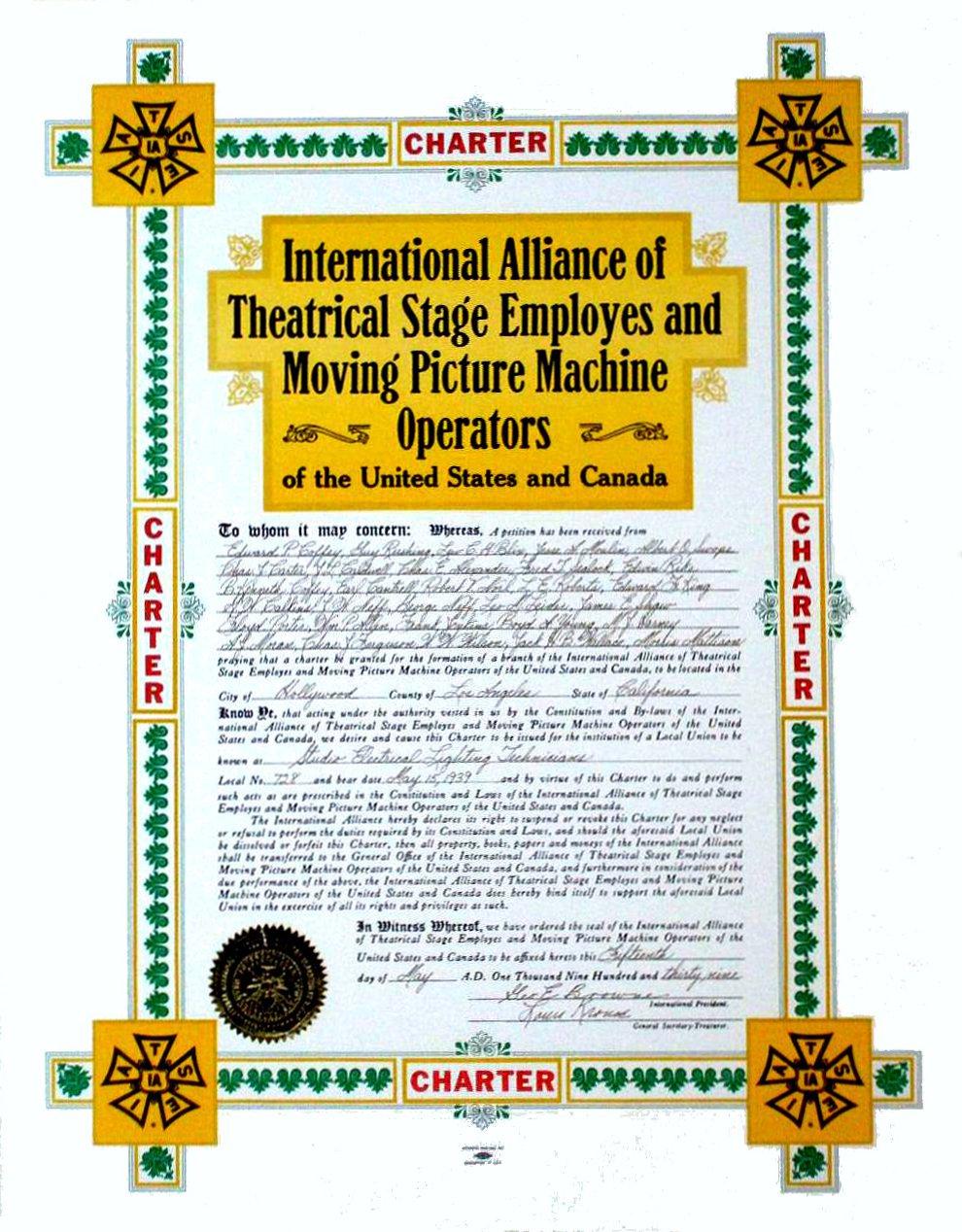 IATSE Local 728 Charter 1939